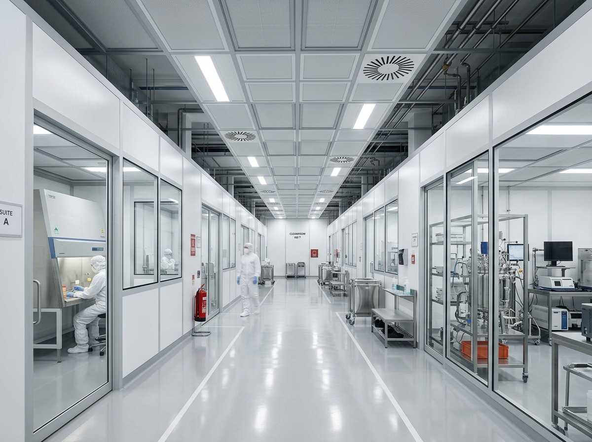 Controlled cleanroom environment with laminar airflow filtration and airtight partitions